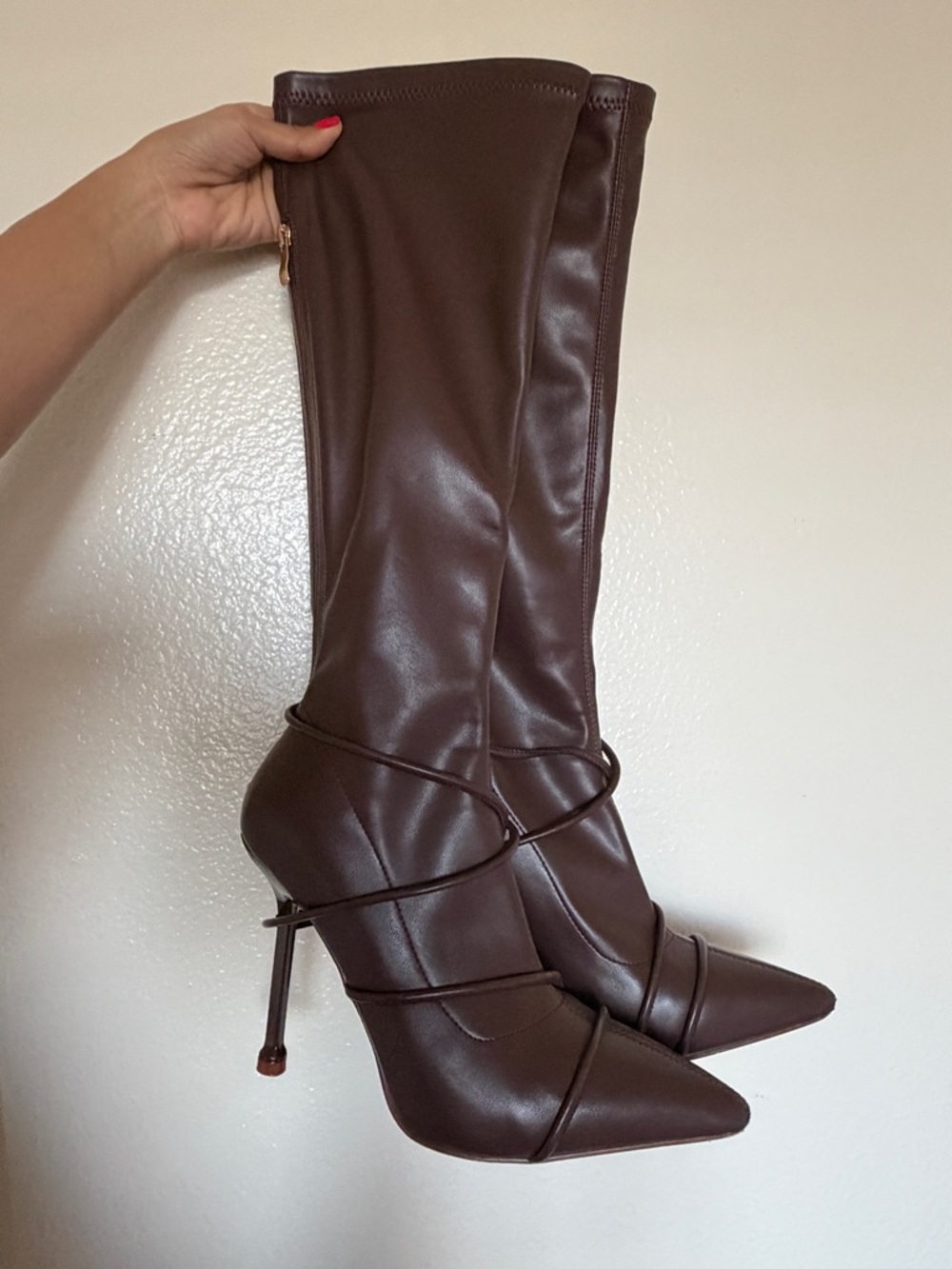 Brown Pointed-Toe Stiletto Knee Boots with Wrap Strap